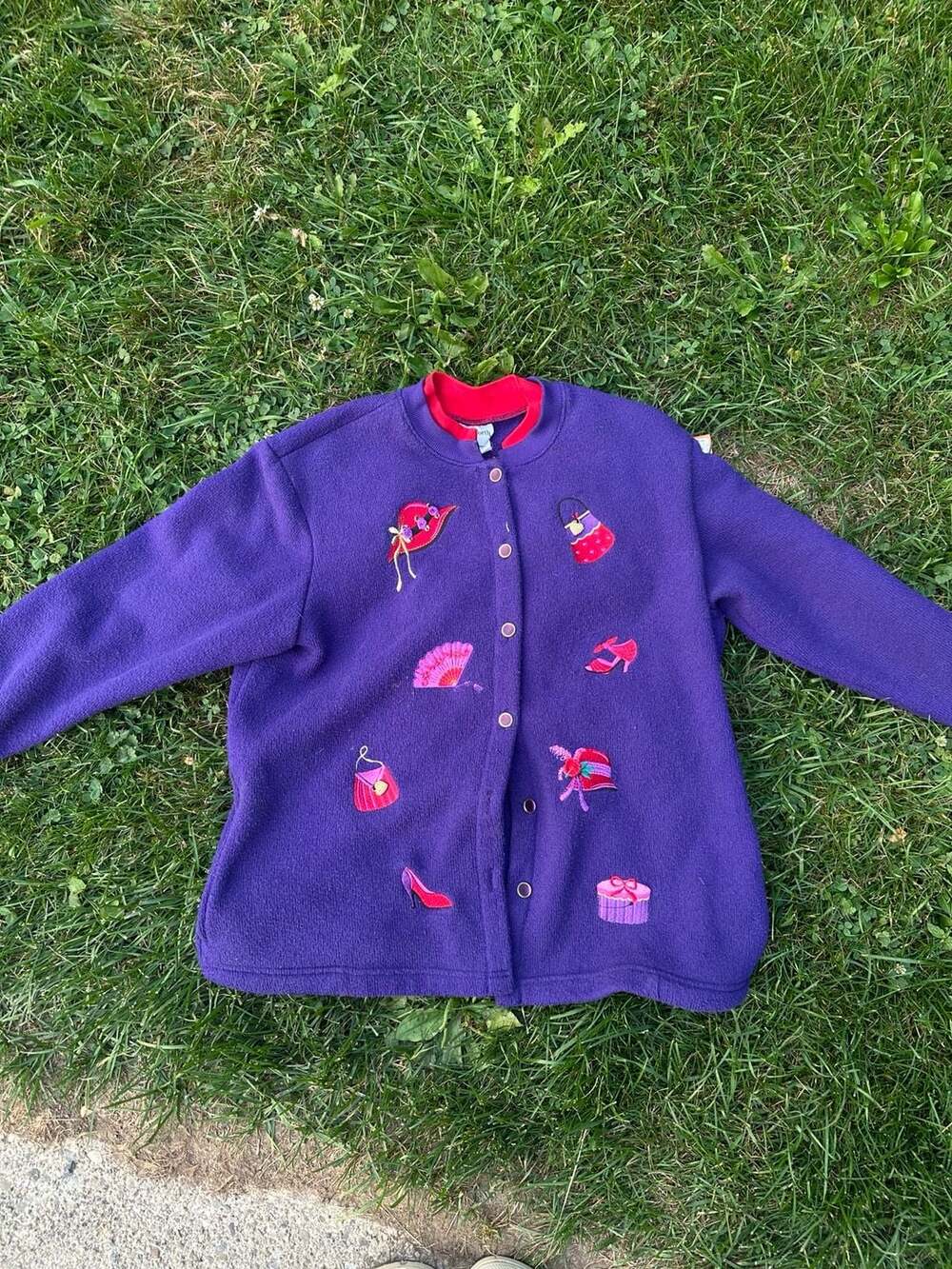 Bon Worth Women's Petite S Purple Cardigan with Embroidered Hats and Shoes